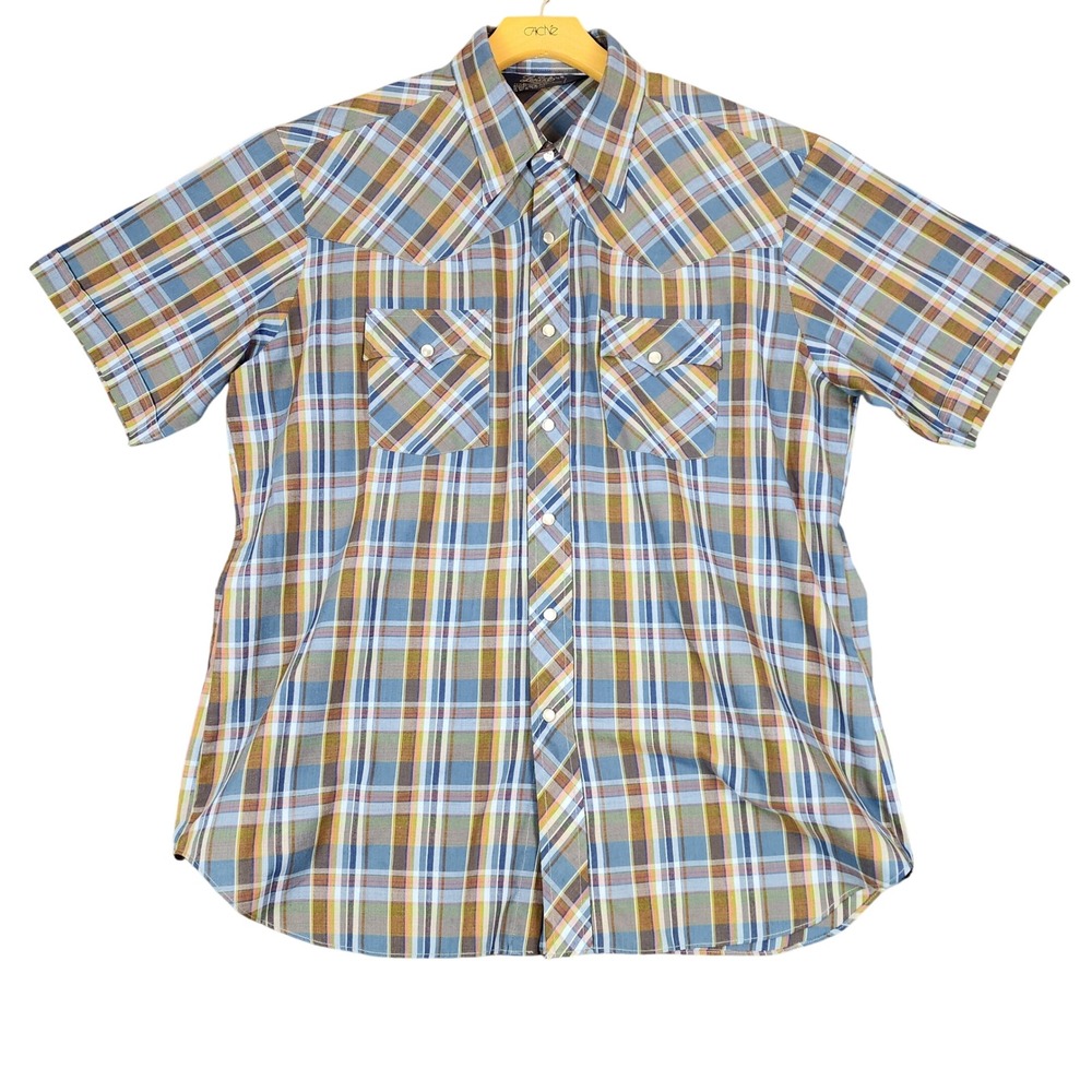 Retro‎ Short Sleeve Plaid Western Shirt Men's XL Snap Button Casual Button Up